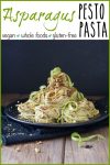Vegan asparagus pesto over pasta drizzled with maple balsamic reduction