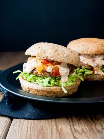 Easy Grillable Sweet and Spicy Vegan Black Bean Burgers with Mango Habanero Cream