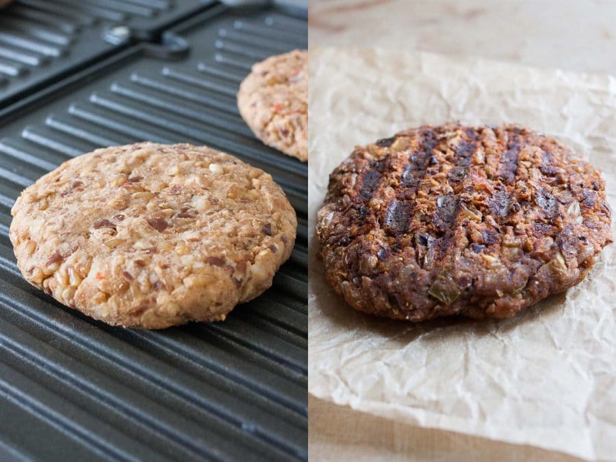 A collage image of an uncooked vegan black bean burger and a grilled black bean burger after being cooked