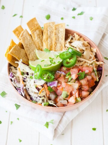 A close up of a vegan fish taco bowl