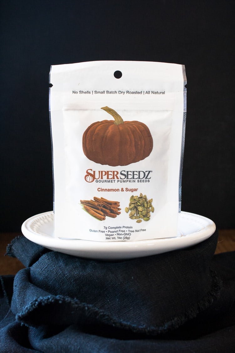 A product shot of a packet of superseedz cinnamon sugar pumpkin seeds