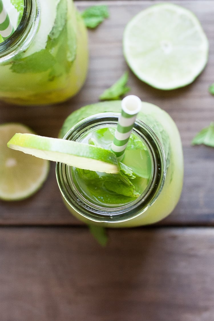 An overhead shot of Fresh anti-inflammatory juice in a glass bottle