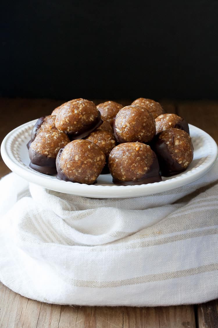 Raw Vegan Caramel Peanut Protein Truffles on a plate