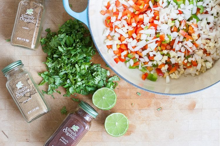 An overhead shot of ingredients used to make a vegan chickpea soup