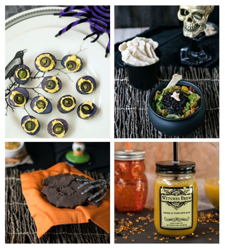 A collage image of Halloween treats you'd serve at a party