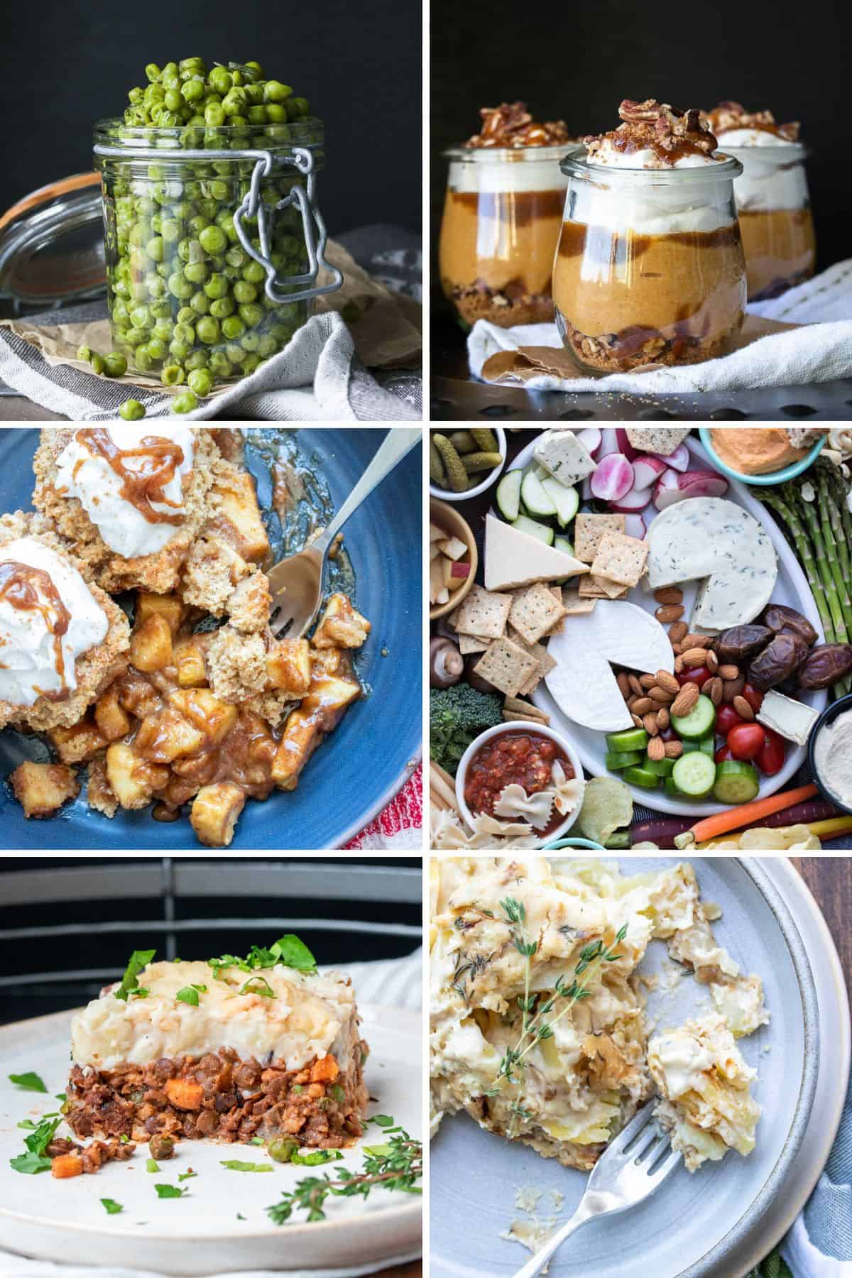 A collage of different Thanksgiving foods including one appetizer, two side dishes, a main dish and two desserts.