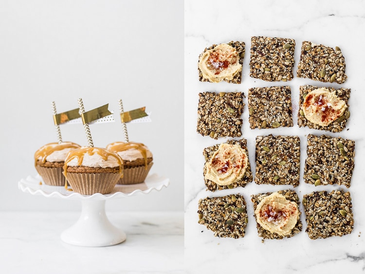 Collage of front view of cupcakes and top view of seed crackers