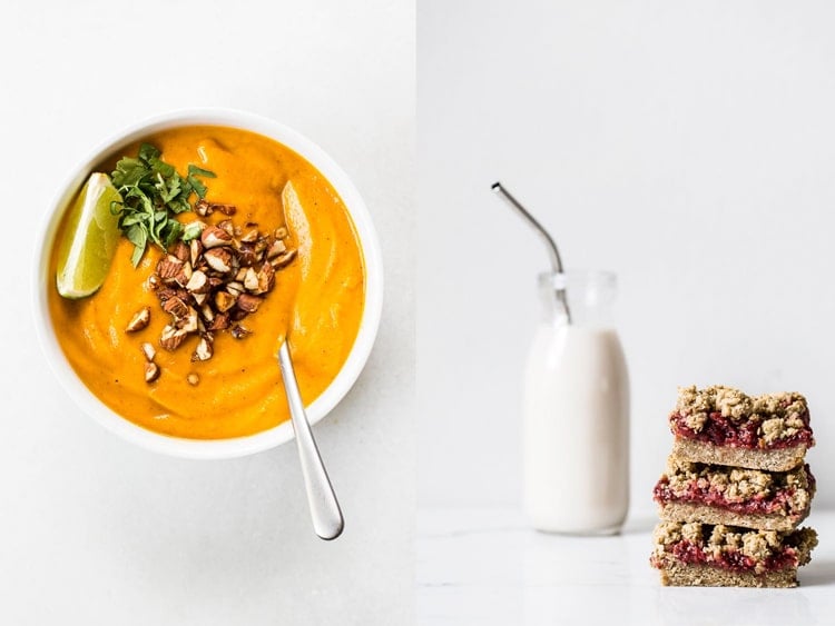 Collage of top view of orange colored soup and front view raspberry crumble bars