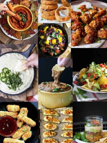 Collage of vegan appetizers for game day