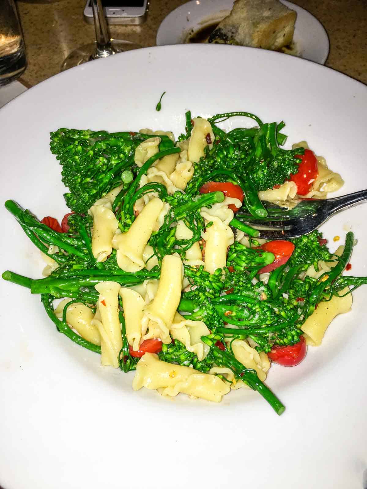 White plate with tube shaped pasta mixed with broccoli and tomatoes.