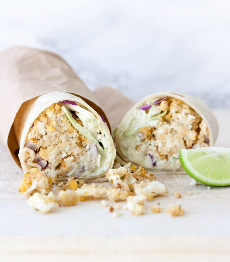 Burritos with cabbage and cauliflower bean "fish" style fillings