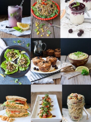 A collage of vegan Easter appetizer, drink, lunch, salad and drink recipes