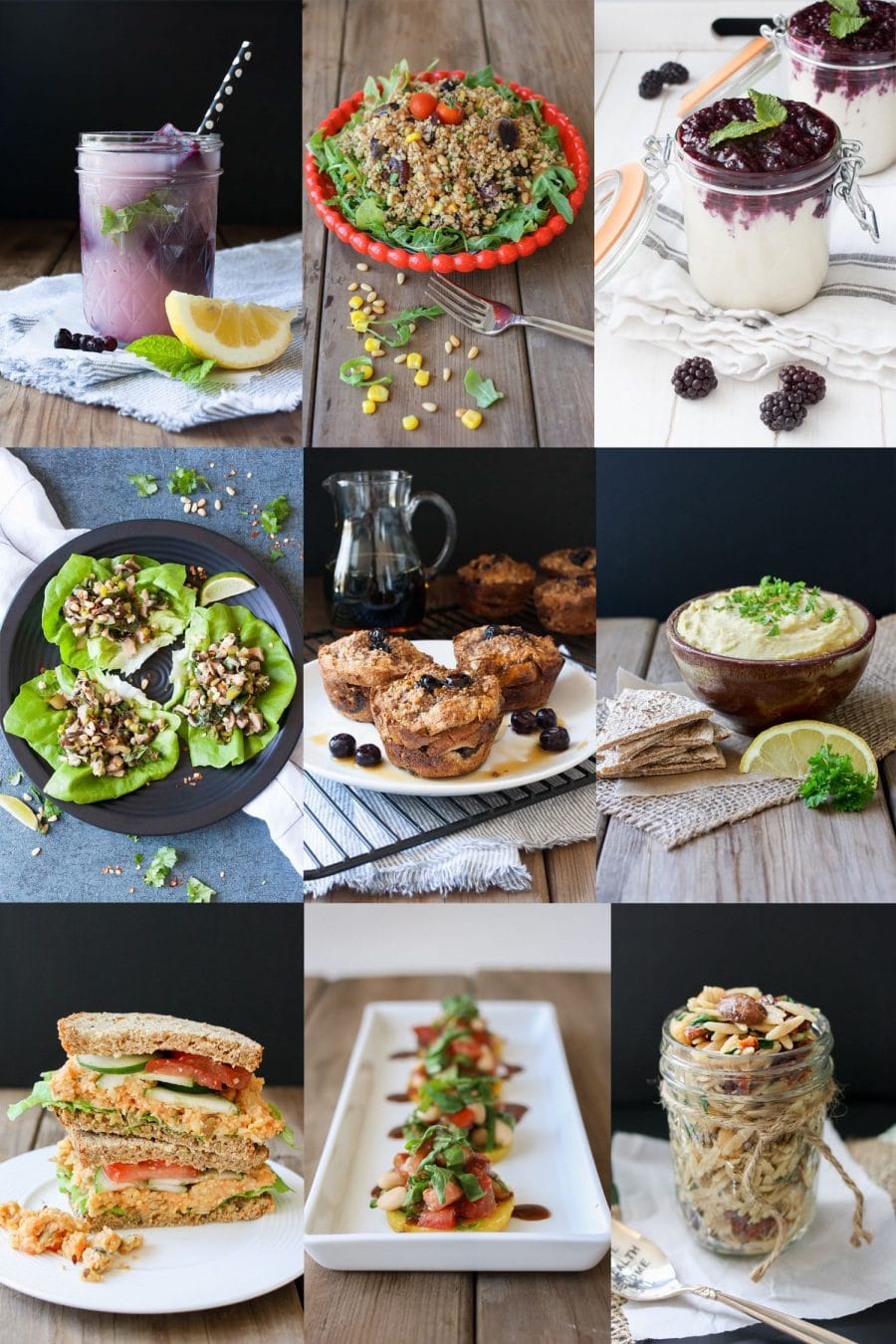 A collage of vegan Easter appetizer, drink, lunch, salad and drink recipes