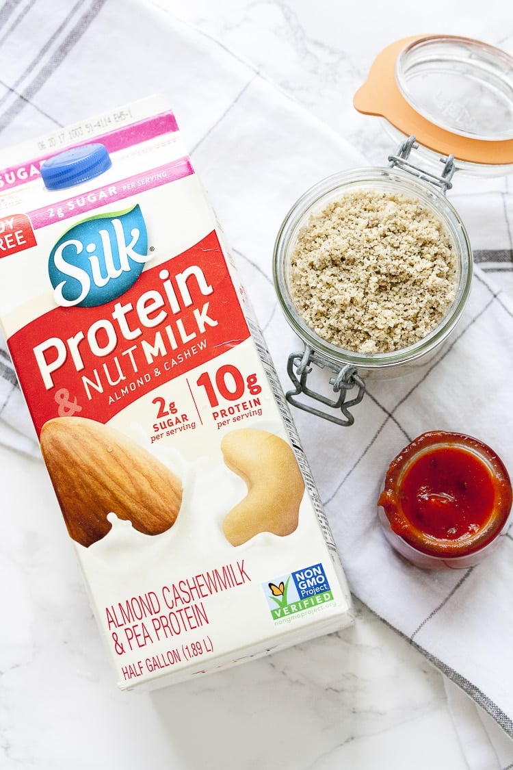 Silk Protein Nutmilk with nut parmesan and roasted tomato sauce