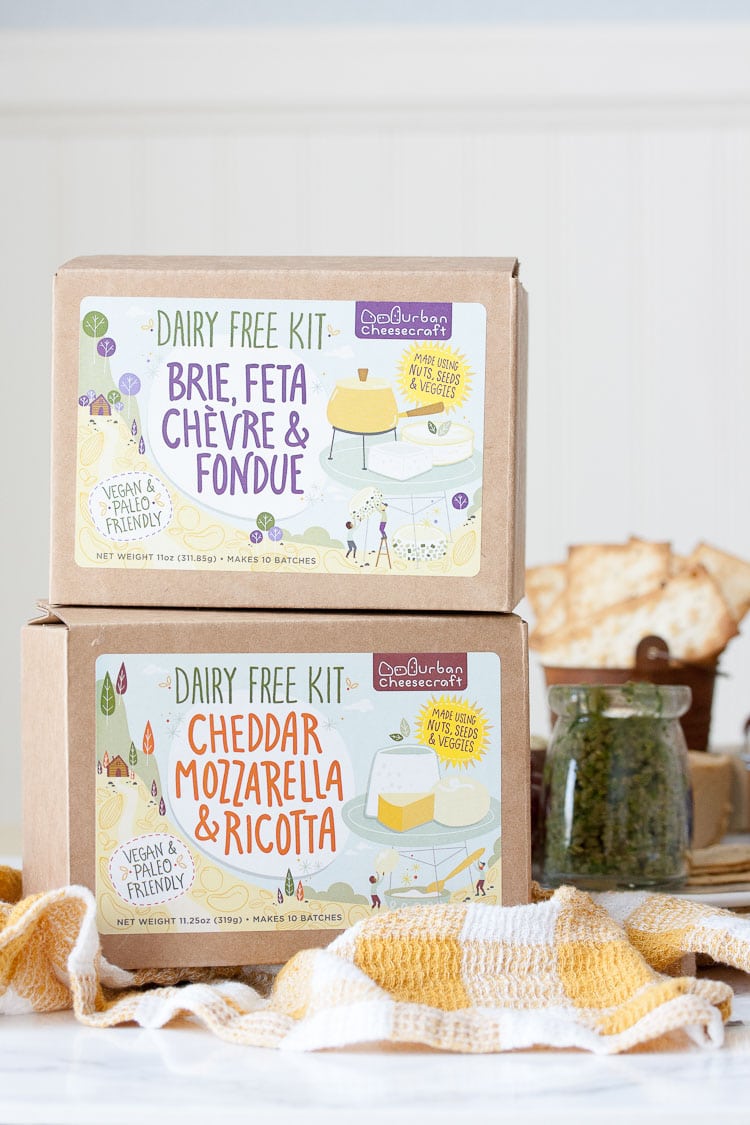 DIY vegan cheese kits stacked on top of each other