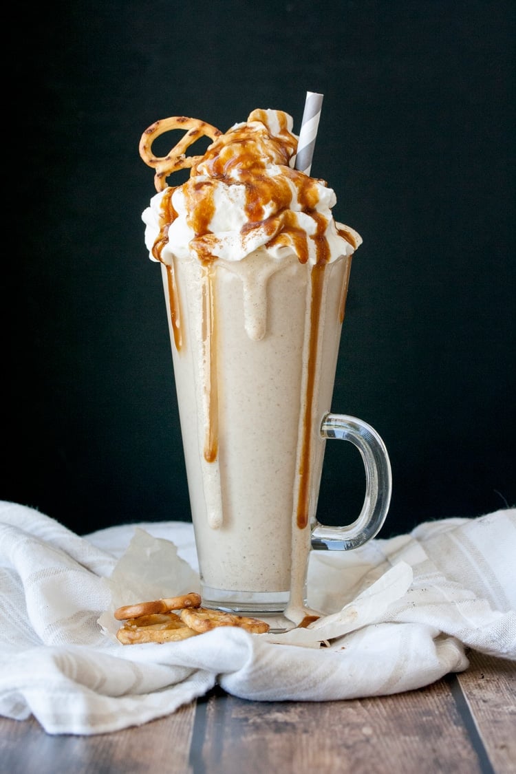 salted caramel pretzel smoothie with a black backdrop