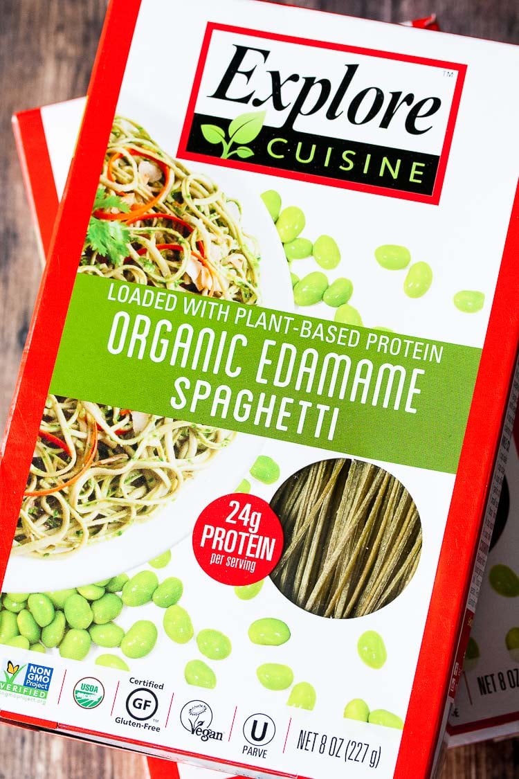 An overhead shot of edamame noodles used to make a mexican pasta salad