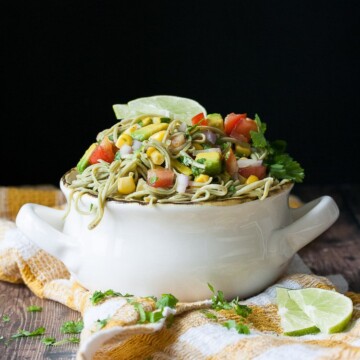 A Mexican pasta salad in a white bowl