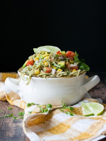 A Mexican pasta salad in a white bowl