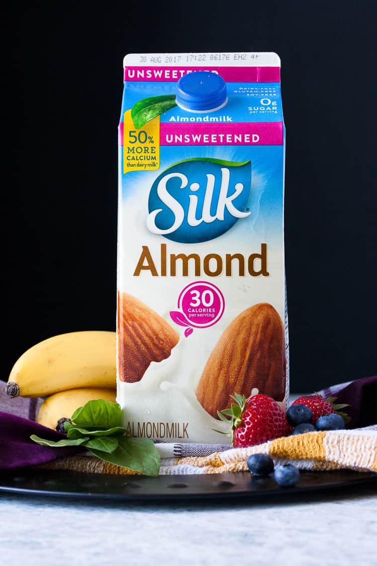 A product shot of Silk almond milk