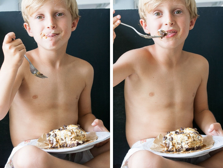 boy eating vegan 7 layer dessert lasagna