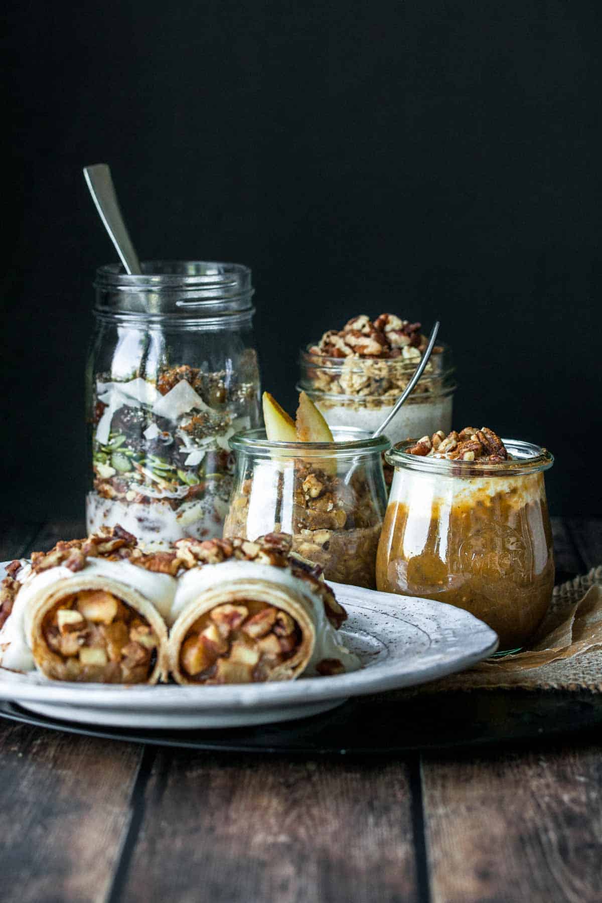 A collection of fall weekday breakfast on a wooden surface.