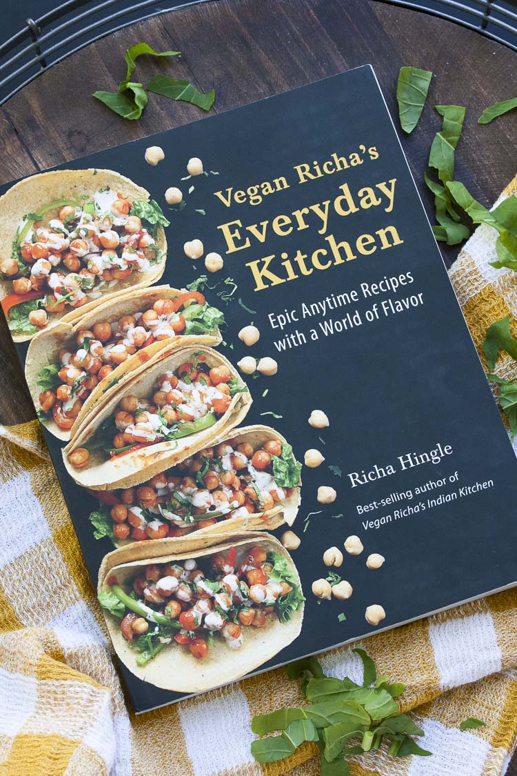 Cover for Vegan Richa's Everyday Kitchen Cookbook with tacos on it