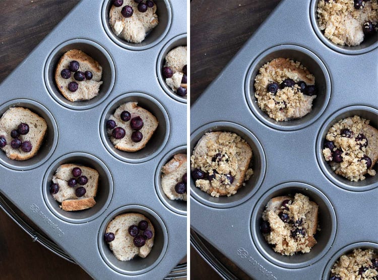 Collage of a muffin tin being layered with pieces of bread, blueberries and crumble