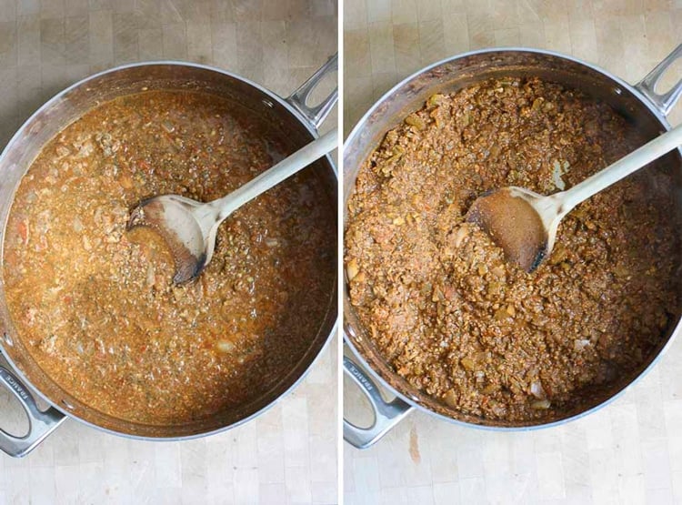 Collage of vegan chili "meat" reducing and cooking in a saute pot