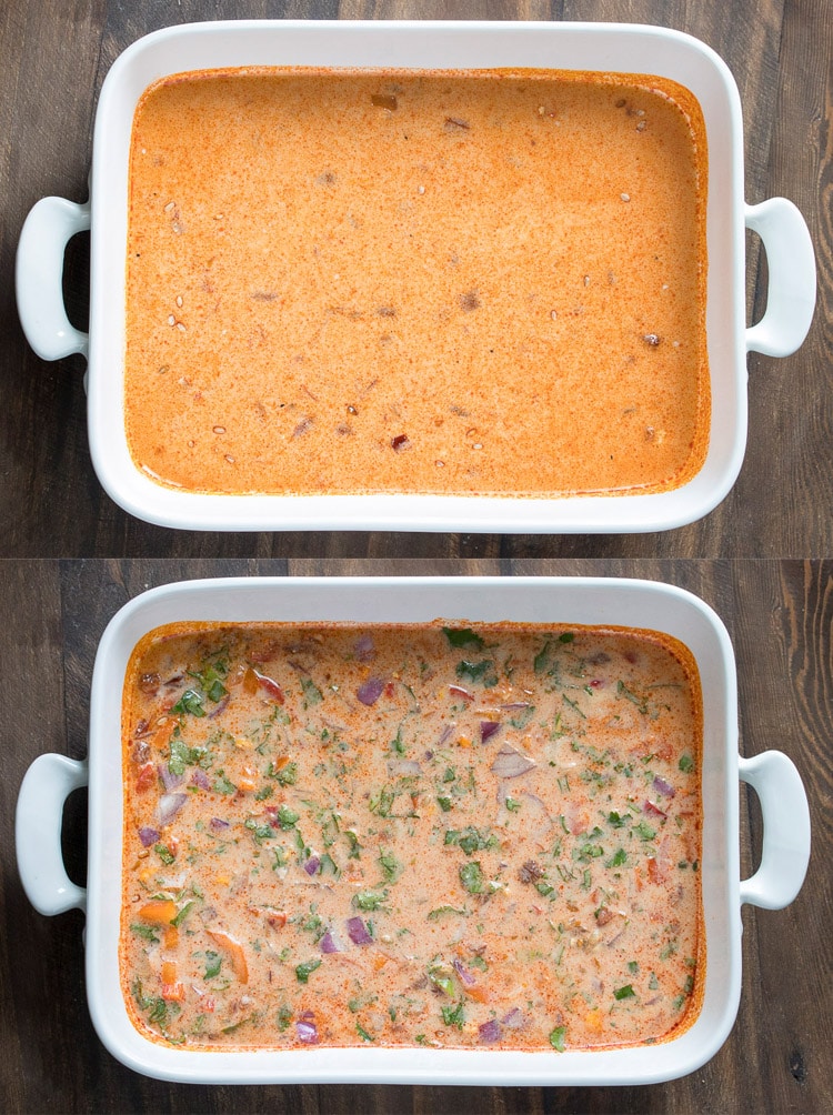 Collage of a white baking dish with orange liquid covering rice and again with chopped vegetables.
