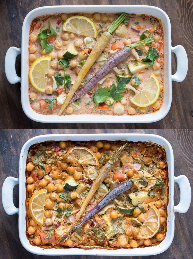 Collage of white baking dish of vegetables and rice before and after baking