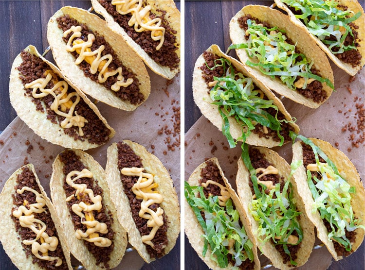 Collage of vegan crispy tacos being filled with vegan taco meat and toppings