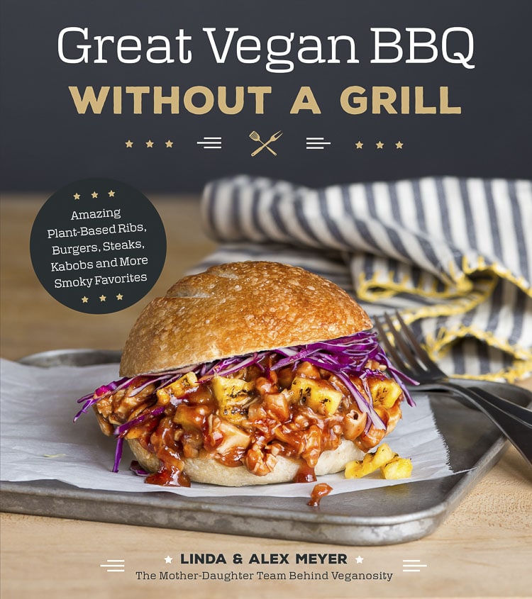 Vegan BBQ cookbook cover with bbq sandwich on metal tray