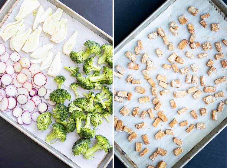 Collage of veggies on a cookie sheet and crispy tofu on a cookie sheet