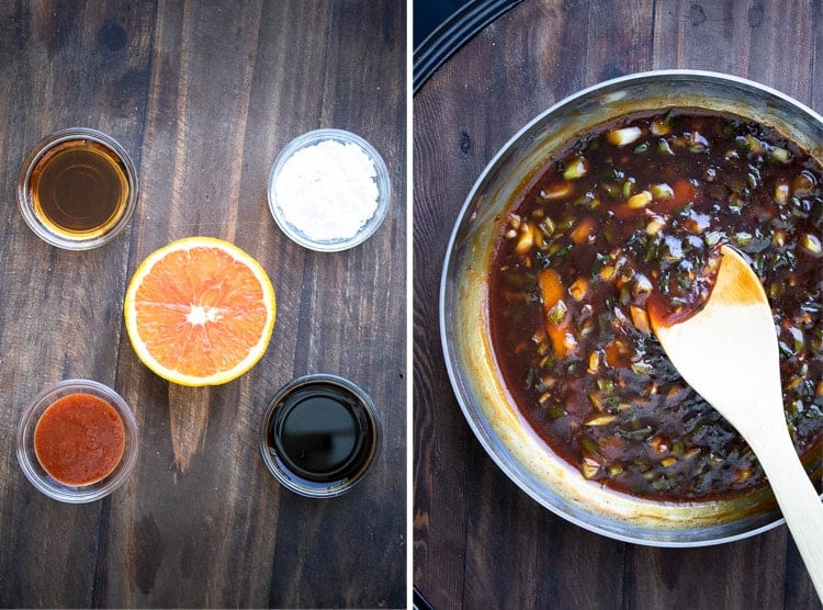 Collage of sauce ingredients in glass bowls and pan with General Tso's sauce