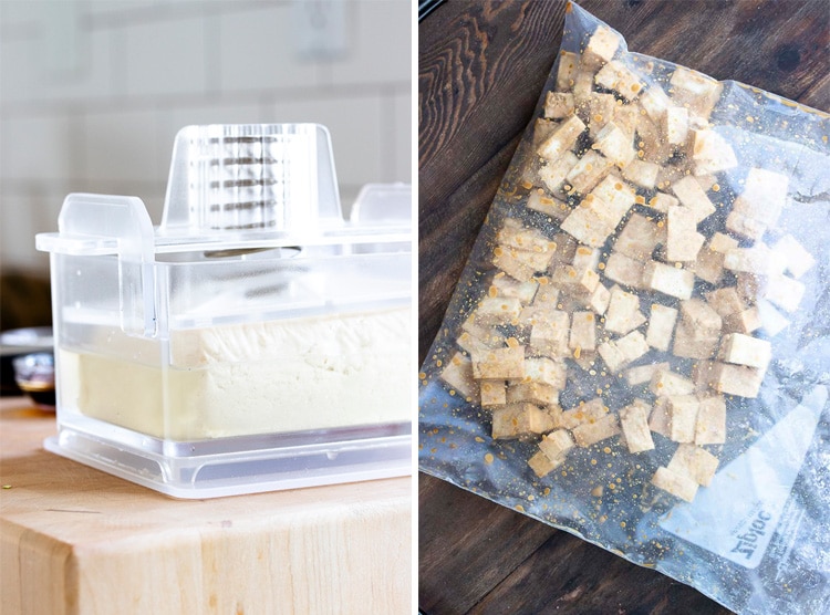 Collage of tofu in a tofu press and a plastic bag with marinated tofu