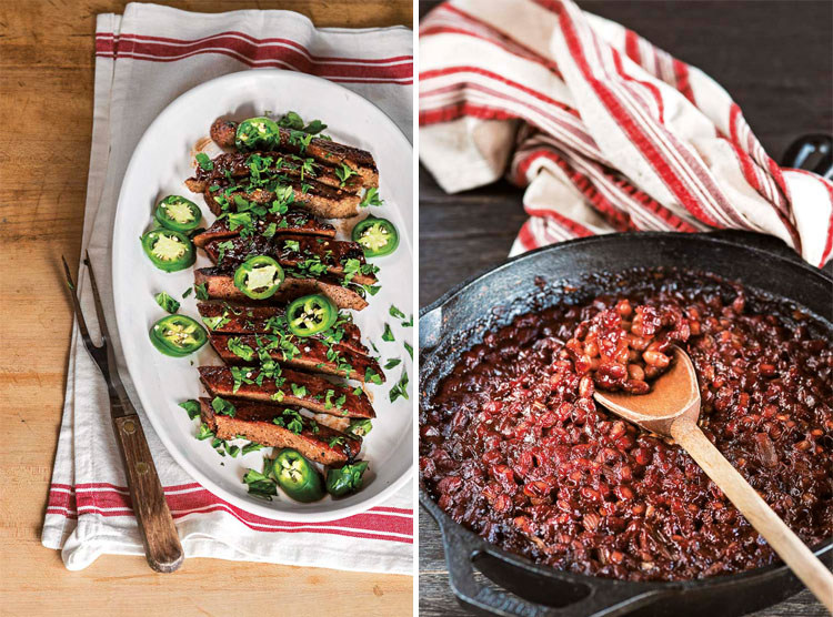 Collage of vegan BBQ ribs and BBQ skillet baked beans