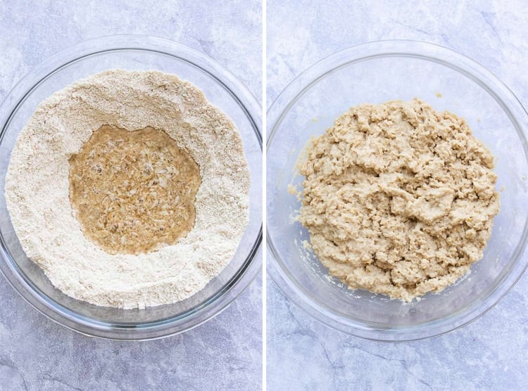 Collage of flours being mixed with liquid to make strawberry shortcake dough