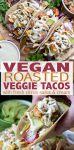 Roasted veggie tacos topped with citrus salsa are the perfect healthy way to mix up Mexican food! Easy to make with one pan and add your favorite toppings. #veggietacos #veganmexicanrecipes