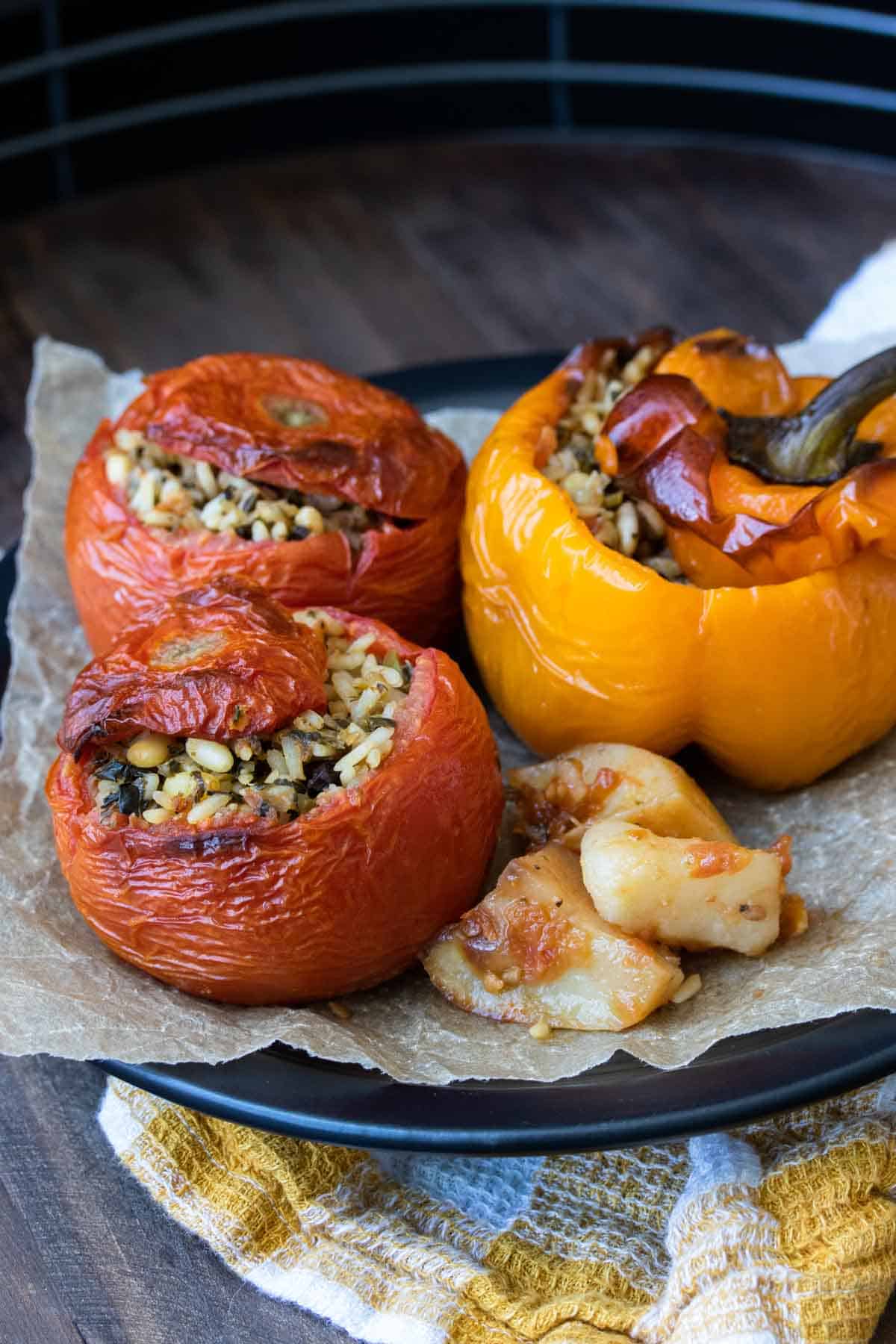 Two stuffed tomatoes and one stuffed orange pepper on a black plate