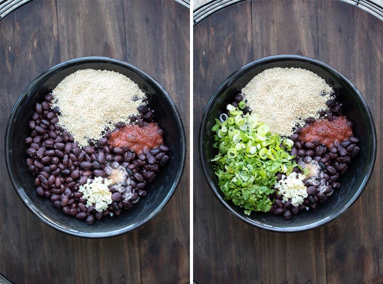 Collage of two different black bean burger mixture ingredient combinations