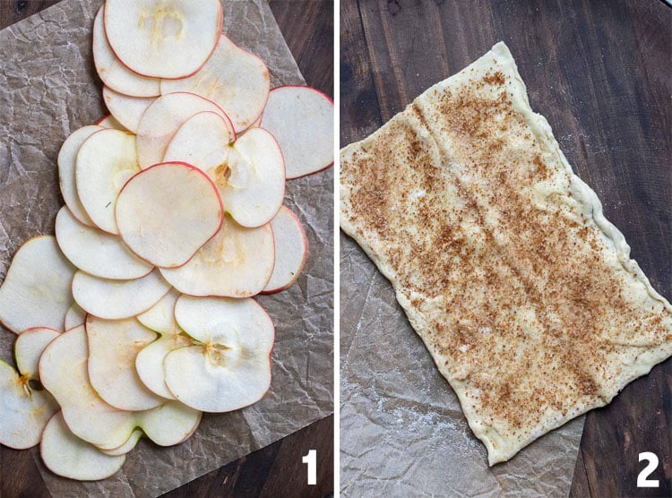 Collage of thinly sliced apples and rectangle of puff pastry sprinkled with sugar and cinnamon