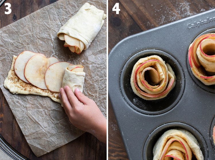 Collage of hand rolling up apples in puff pastry and the roll in a muffin tin 