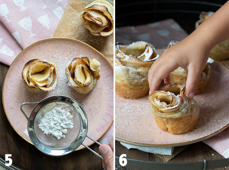 Collage of sieve sprinkling powdered sugar over apple roses and hand grabbing an apple rose