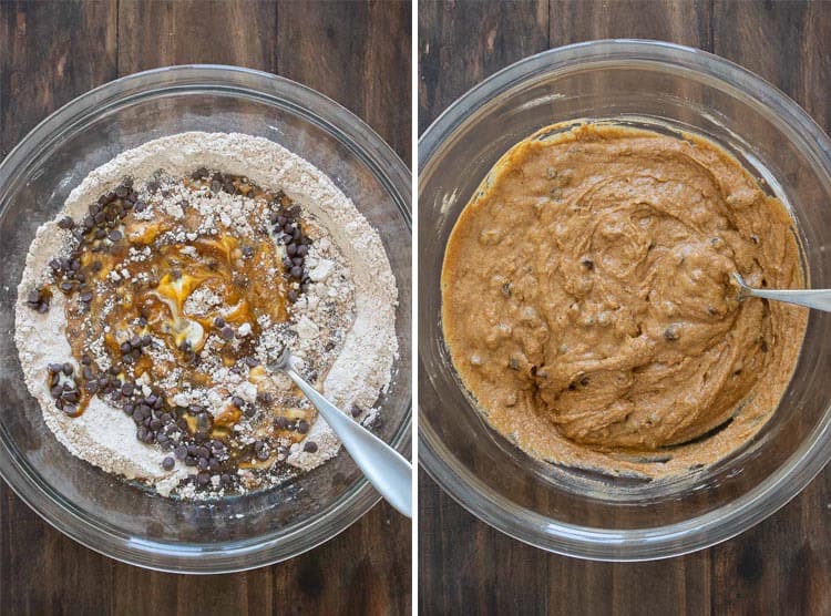 Collage of donut ingredients in a bowl and batter being mixed