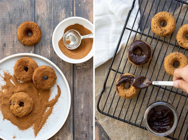 Collage of donuts covered sugar and donuts covered in chocolate 