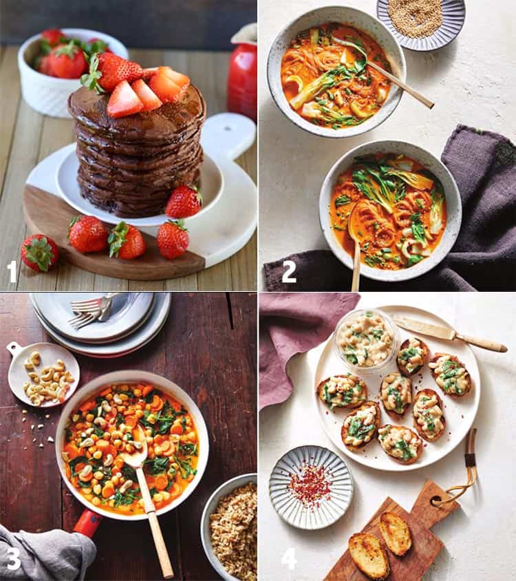 Collage of chocolate pancakes, bok choy soup, curry, and white bean crostini