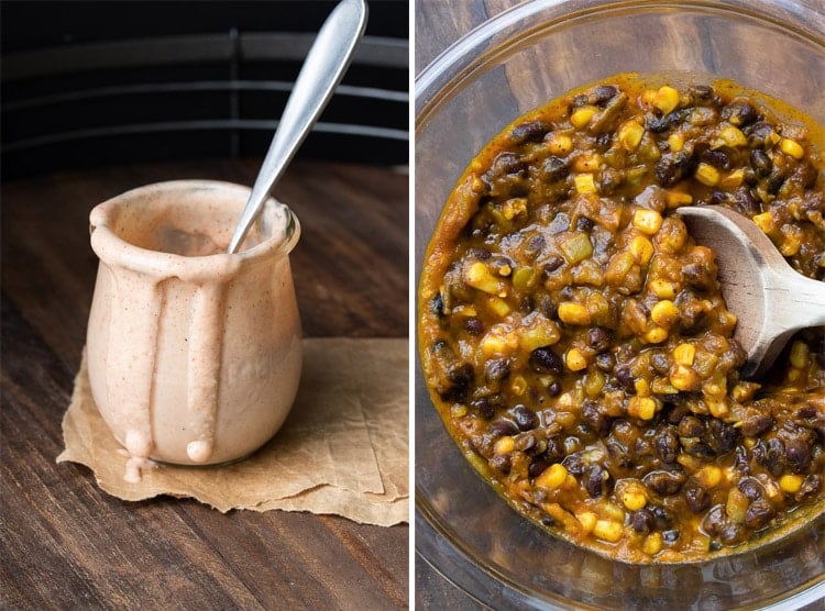 Collage of pink sauce in a jar and pumpkin and black beans in a bowl