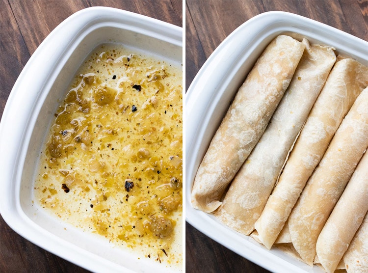 Collage of baking dish with green salsa on the bottom then filled with enchiladas 