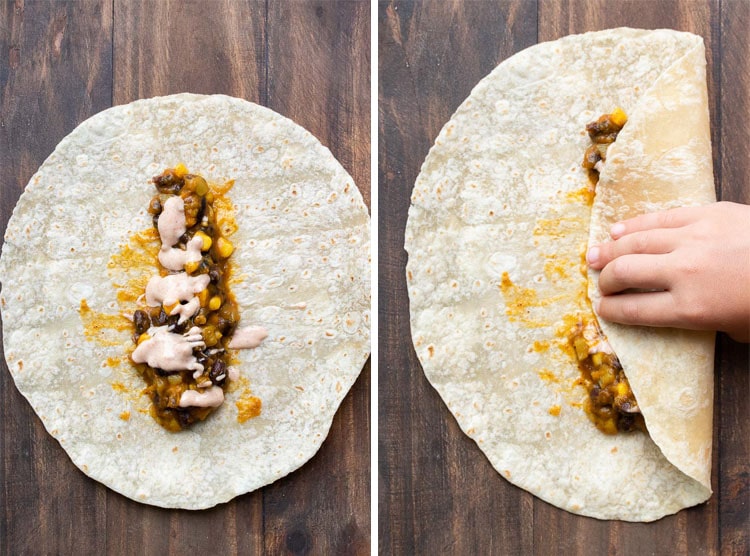 Collage of tortilla with enchilada filling being rolled up